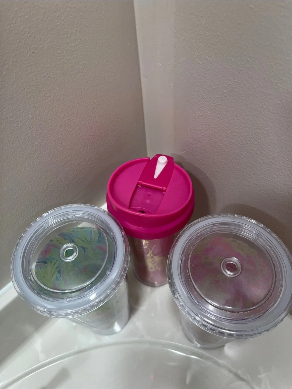 Lily Pulitzer-Set of 3 Pink/Green Floral Tumblers-20 oz-lids